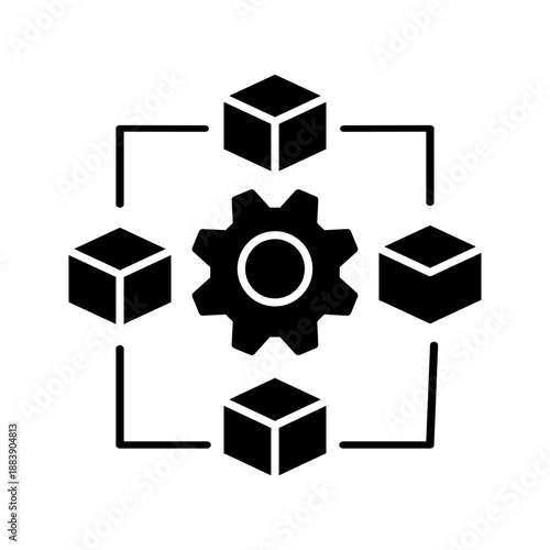 Outline icon of a gear connected with cubes, representing blockchain system, decentralized network, digital process, and technology infrastructure.