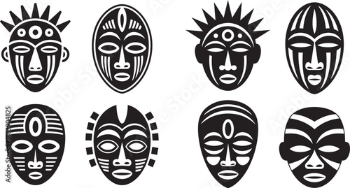 Eight traditional African tribal masks displayed in a neat grid pattern against a pure white background