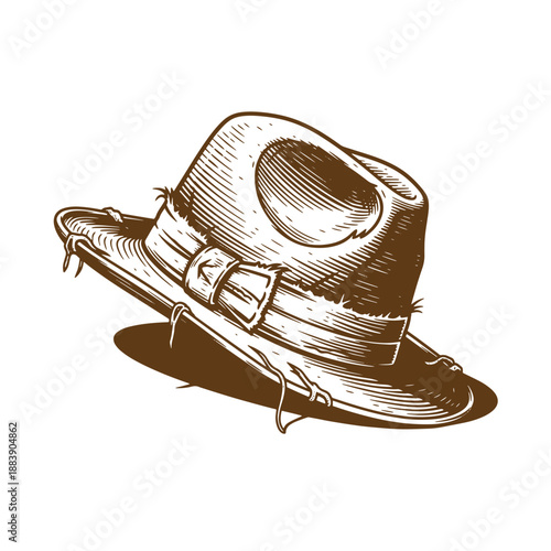 Drawing Vintage grunge  texture Brown cowboy hat with wide brim and leather band  rustic western fashion accessory