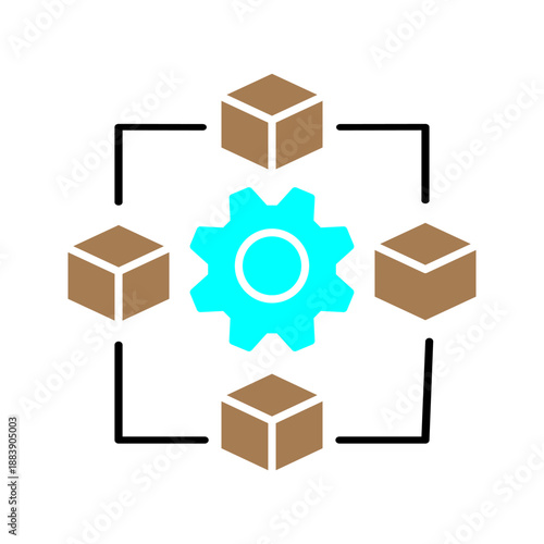 Outline icon of a gear connected with cubes, representing blockchain system, decentralized network, digital process, and technology infrastructure.