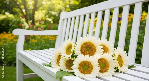 white bench in the park dan bunga matahari putih
