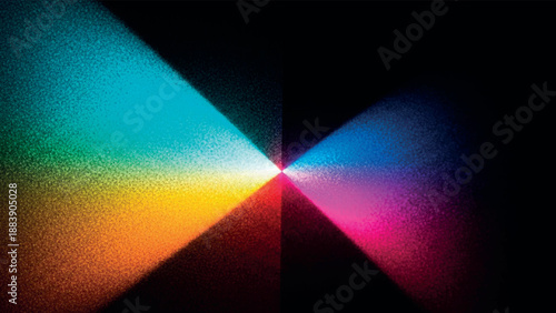 Grainy textured prism light burst with vibrant multicolor diagonal beams on dark abstract background