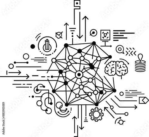 abstract illustration depicting neural network data connections overlaid with technological and