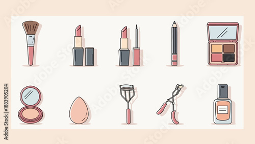 Collection of flat design makeup tools and cosmetics.