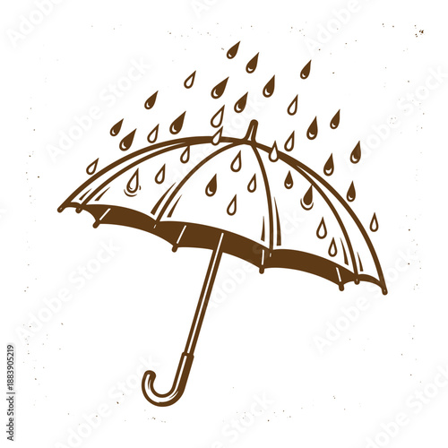 Drawing Vintage grunge  texture Brown illustration of an umbrella with rain drops on a white background