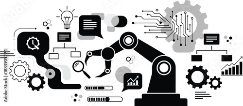 advanced industrial robotic arm analyzing data and performing automation tasks in manufacturing
