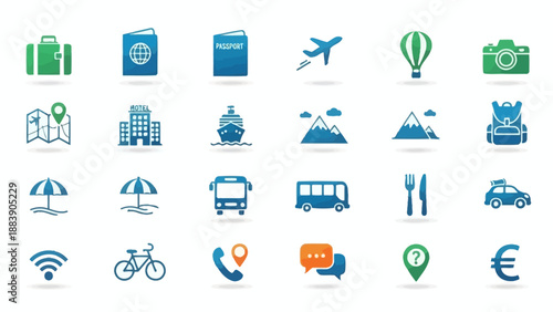 Collection of travel and tourism related icons for vacation planning and adventure.