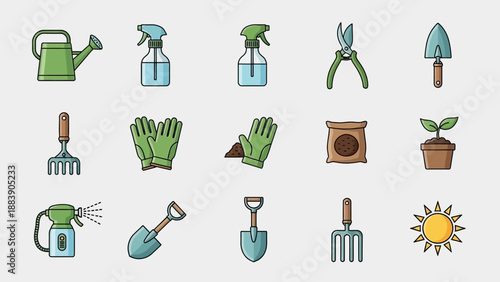 Set of essential gardening tools and planting supplies icons.