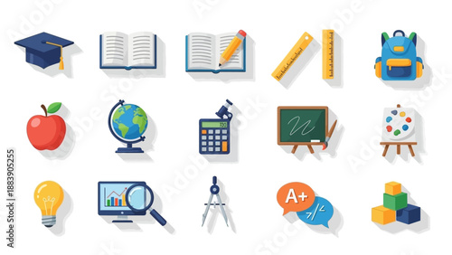 Comprehensive set of flat design education and school supplies icons.