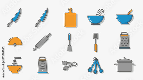 Flat design icons of various kitchen utensils and cooking tools.