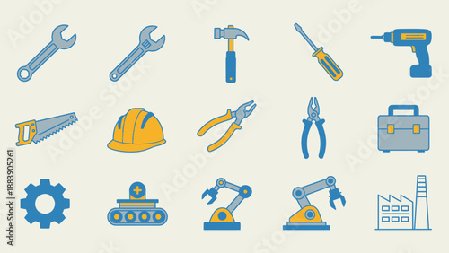 Colorful collection of industrial, manufacturing, and construction tools and equipment icons.