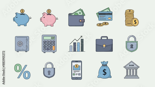 Financial and banking icons for money management and business economy concepts.