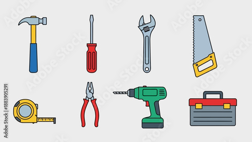 Collection of colorful cartoon tools on a light background.