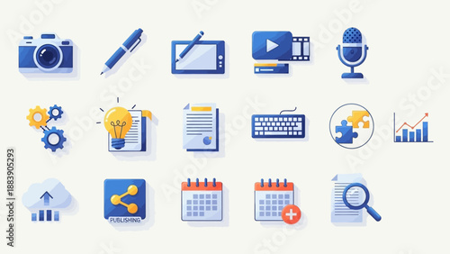 Collection of creative, business, and technology flat design icons for digital content.