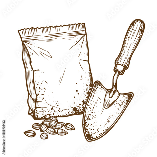 Drawing Vintage grunge  texture Brown illustration seeds bag and small shovel for gardening and planting flowers or vegetables  gardening tools