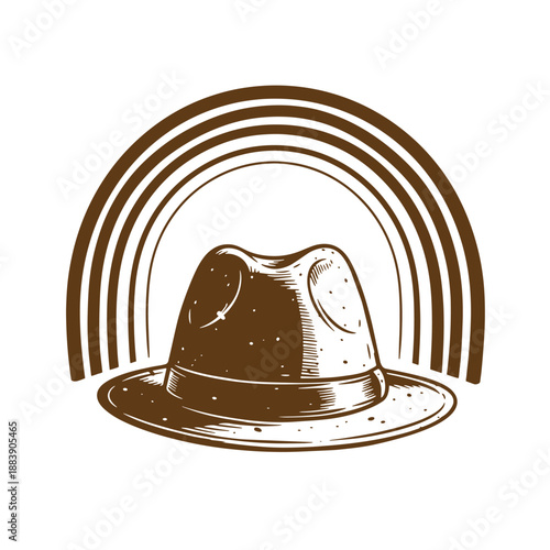 Drawing Vintage grunge  texture Brown fedora hat with rainbow design element on white background  stylish headwear accessory