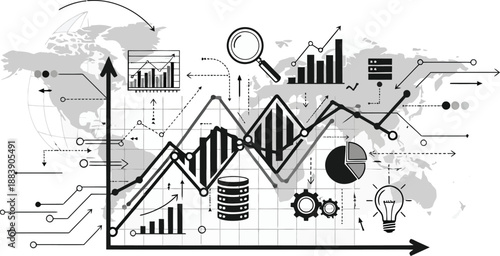 Data analytics and global business growth concept with charts and icons on a world map background
