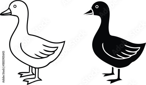 Minimalist Duck or Goose Icon - Outline and Solid Black Glyph Set.
