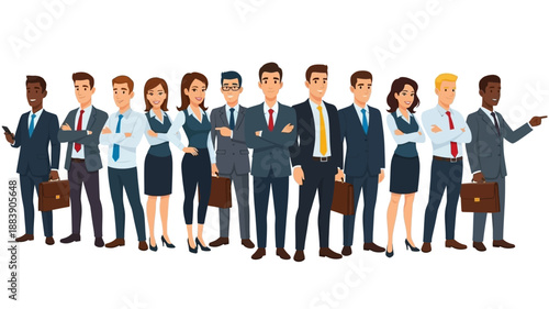 A diverse group of professional business people, men and women, standing together in business attire with briefcases.