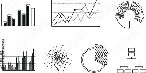 Collection of Charts and Graphs Representing Data Analysis and Visualization Techniques
