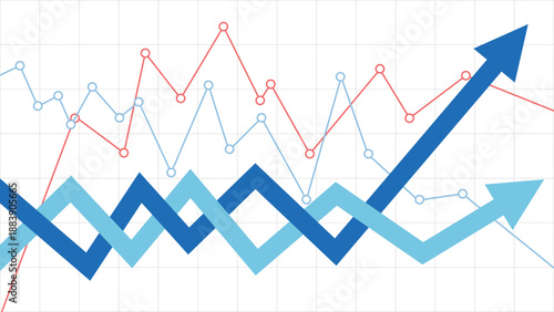 Two Blue Business Arrows Rising Up Alternately with Volatile Line Graph Representing Intense Market Competition and Profit Race