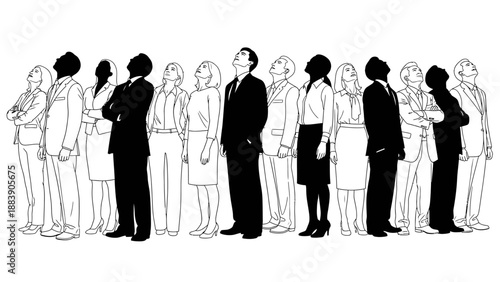 A diverse group of business people and individuals standing in a line, looking up with anticipation, some silhouetted in black, others outlined.