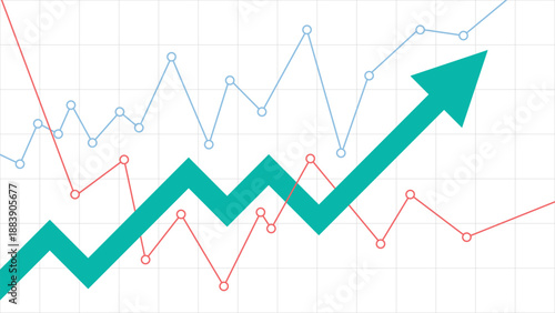 Green Business Arrow Rising Up Followed by Two Volatile Line Graphs Representing Profit Growth and Market Fluctuation