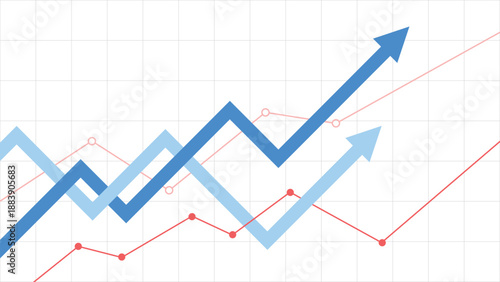 Two Blue Business Arrows Going Up and Two Rising Line Graphs on Grid Background Representing Profit Growth and Economic Optimism