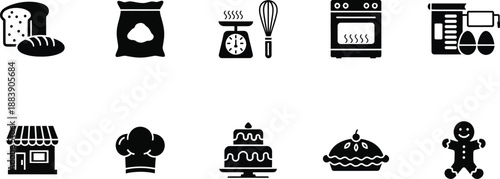 Set of 10 Minimalist Baking, Patisserie, and Bakery Glyph Icons.