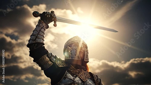 Valiant Knight in Shining Armor Wielding Sword Against a Dramatic Sky.