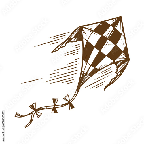 Drawing Vintage grunge  texture brown kite flying in the air with checkered pattern and ribbons  recreational outdoor toy