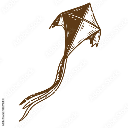 Drawing Vintage grunge  texture Brown kite flying in the air with long tail and pointed wings  recreational toy for outdoor fun and games