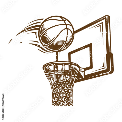 Drawing Vintage grunge  texture Brown illustration of a basketball going through hoop with motion lines isolated on white background