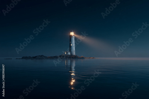 Lighthouse on a rocky island at night, guiding ships with light beam