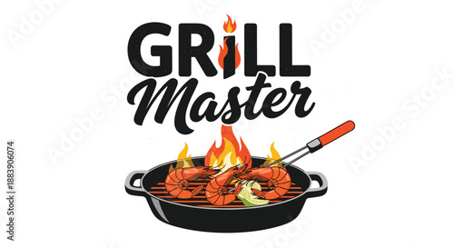 Grill master typography logo featuring three large grilled shrimp over a fire in a pan with a lemon wedge on white background.