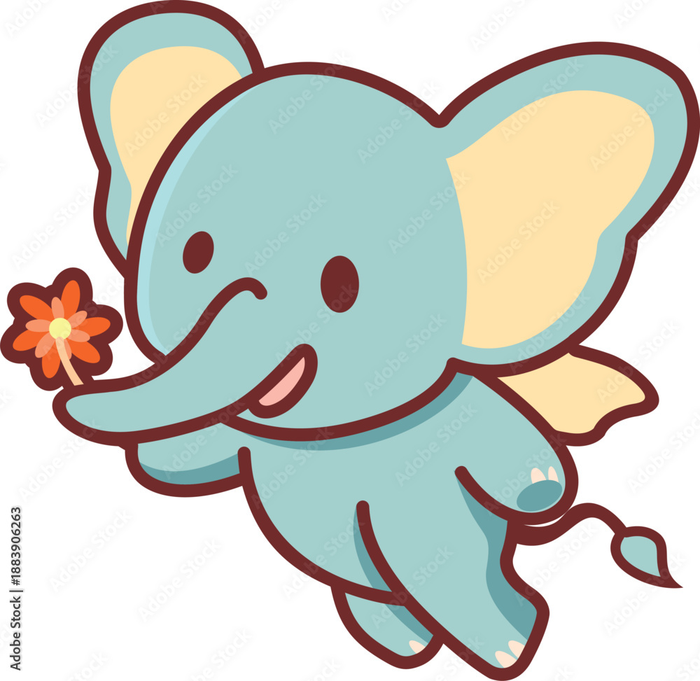 Obraz premium Cute kawaii flying baby elephant vector illustration with orange flower.