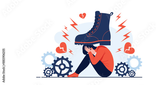 Conceptual illustration of workplace pressure or mental health struggle showing a person feeling crushed under a massive heavy boot.