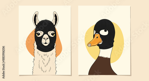 Quirky character portraits of a llama and a duck both wearing black balaclavas set against minimalist backgrounds for an edgy artistic look.