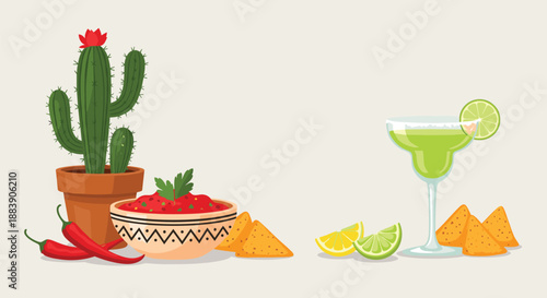 Festive Mexican cuisine composition featuring a pot of cactus, bowl of spicy salsa with chips, fresh chilies, and a lime margarita cocktail.