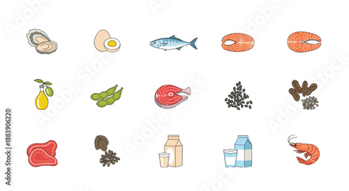 Comprehensive collection of nutrition icons displaying various healthy food sources including seafood, lean meats, eggs, dairy, and legumes.