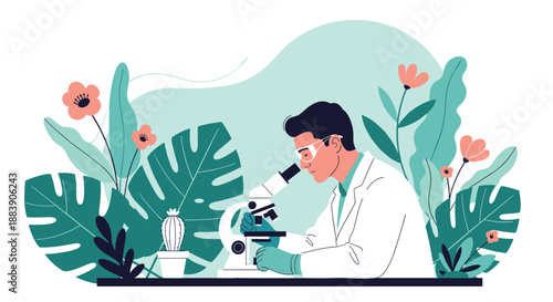 Professional male scientist wearing a lab coat and safety goggles while focused on research using a microscope amidst lush green tropical leaves.