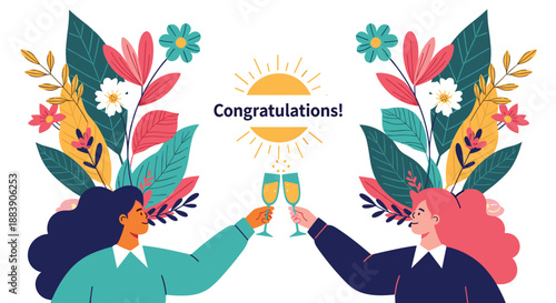 Celebration illustration with two women toasting their champagne glasses under a sun with flowers and the word congratulations in the center.