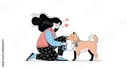Heartwarming scene of a young woman kneeling down to pet and bond with her loyal dog while red hearts float above to signify their love.