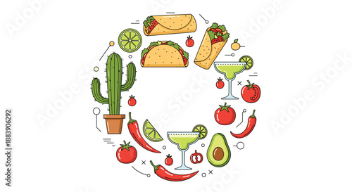 Circular frame design composed of various delicious Mexican food staples including tacos, burritos, avocados, tomatoes, and spicy chili peppers.
