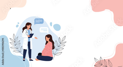Healthcare professional discussing medical details with a pregnant woman sitting on the floor in a modern abstract medical office setting.