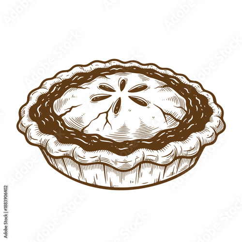 Drawing Vintage grunge  texture Brown pie with crimped crust and flower design on top  a delicious dessert