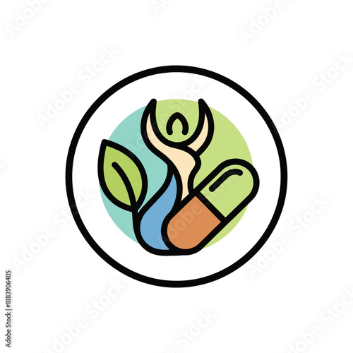 Herbal medicine therapy icon with plant and capsule illustrating natural healing methods for health and wellness focus