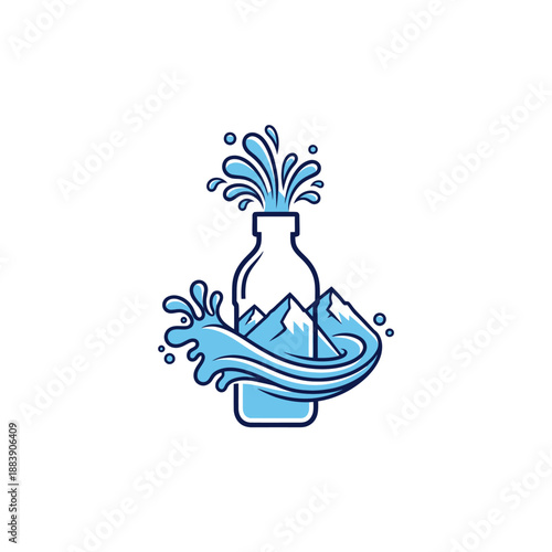 Creative Water Splash Illustration Emerging from Mountain-Infused Bottle for Refreshing Nature Theme