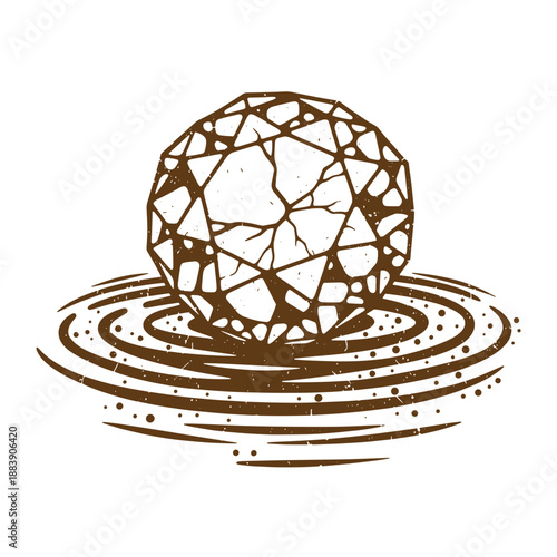 Drawing Vintage grunge  texture Brown illustration of a cracked sphere sitting on concentric circles  resembling water ripples