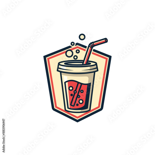 Modern Illustration of a Refreshing Cold Drink with a Striped Straw and Bubbles in a Glass Cup for Beverage and Refreshment Themes